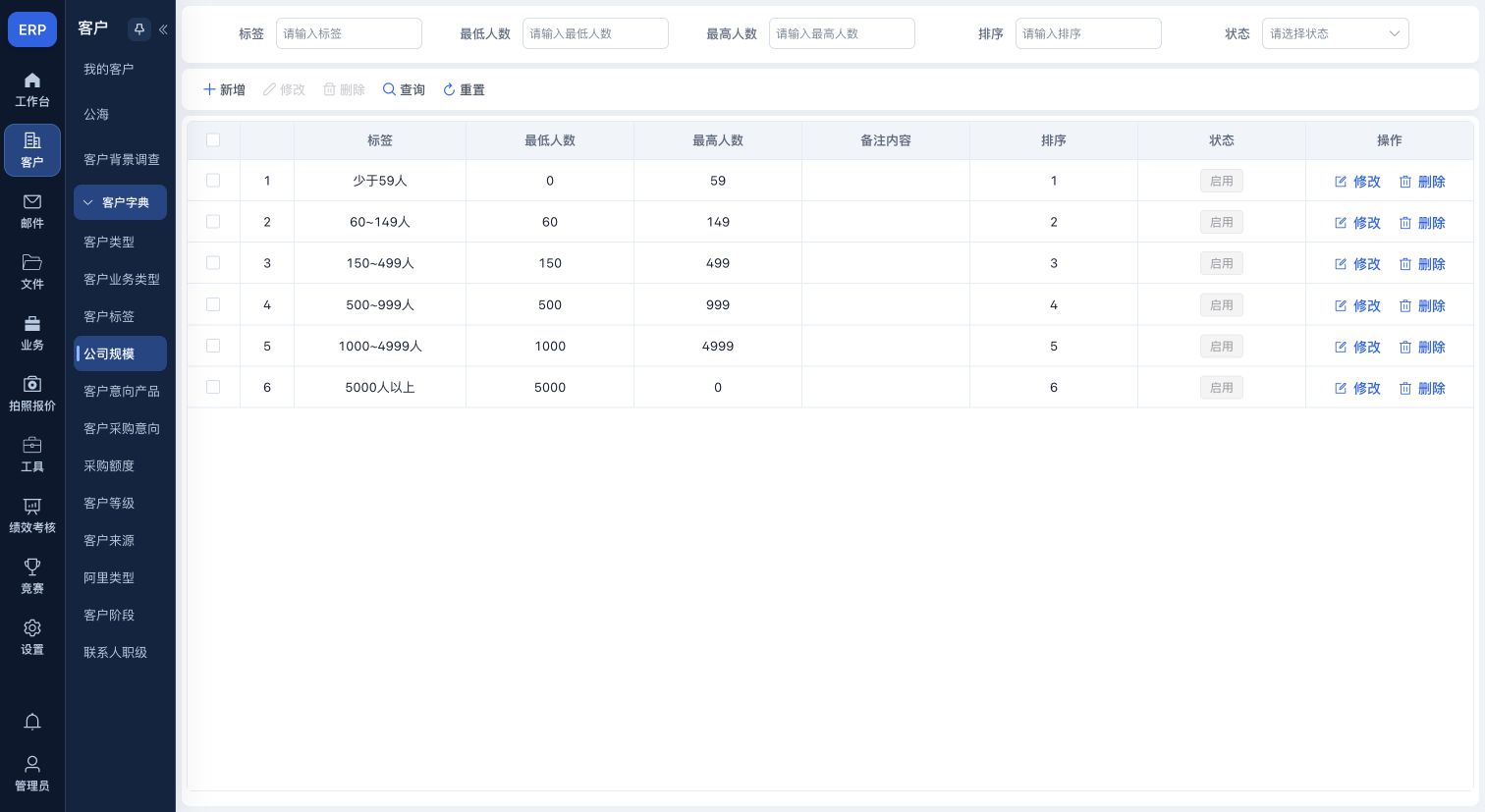 公司规模列表的查询条件和新增、修改、删除入口