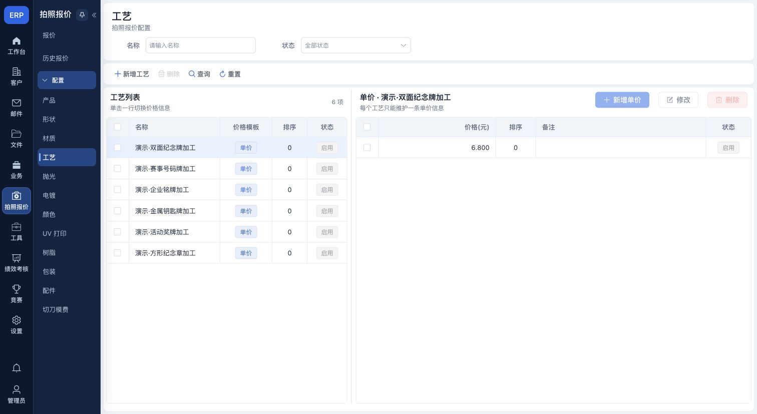 工艺配置:名称、状态与基础选项